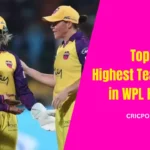 TEAM TEAM TOTAL INNINGS AGAINST VENUE DATE Delhi Capitals 223/2 1 Royal Challengers Bangalore Brabourne 5 Mar 2023 Delhi Capitals 211/4 1 UP Warriorz DY Patil Stadium 7 Mar 2023 Mumbai Indians 207/5 1 Gujarat Giants DY Patil Stadium 4 Mar 2023 Gujarat Giants 201/7 1 Royal Challengers Bangalore Brabourne 8 Mar 2023 Royal Challengers Bangalore 198/3 1 UP Warriorz Bengaluru 4 Mar 2024 Delhi Capitals 194/5 1 Royal Challengers Bangalore Bengaluru 29 Feb 2024 Royal Challengers Bangalore 190/6 2 Gujarat Giants Brabourne 8 Mar 2023 Royal Challengers Bangalore 189/2 2 Gujarat Giants Brabourne 18 Mar 2023 Gujarat Giants 188/4 1 Royal Challengers Bangalore Brabourne 18 Mar 2023Highest Team Totals in WPL History